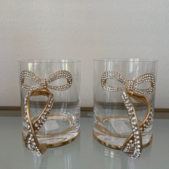 Gold & Rhinestone BOW Handle Glass Mug Coffee Tea Cup Set of 2 Glam Kitchen New - Picture 3 of 16